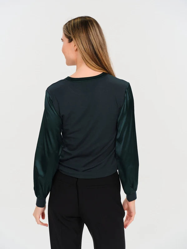 Ribbed Satin Sleeve Top - Emerald