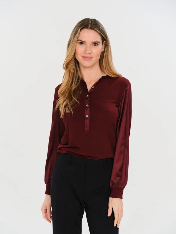 Ribbed Satin Sleeve Top - Burgundy