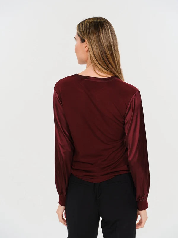 Ribbed Satin Sleeve Top - Burgundy