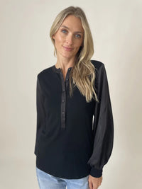 Ribbed Satin Sleeve Top - Black