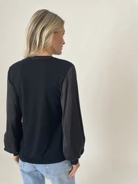 Ribbed Satin Sleeve Top - Black