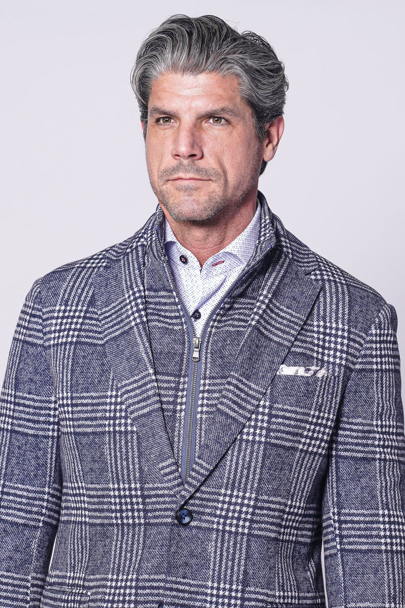 Rocco Sport Coat – Navy & White Plaid Stretch Knit with Bib Detail 7 Downie St.