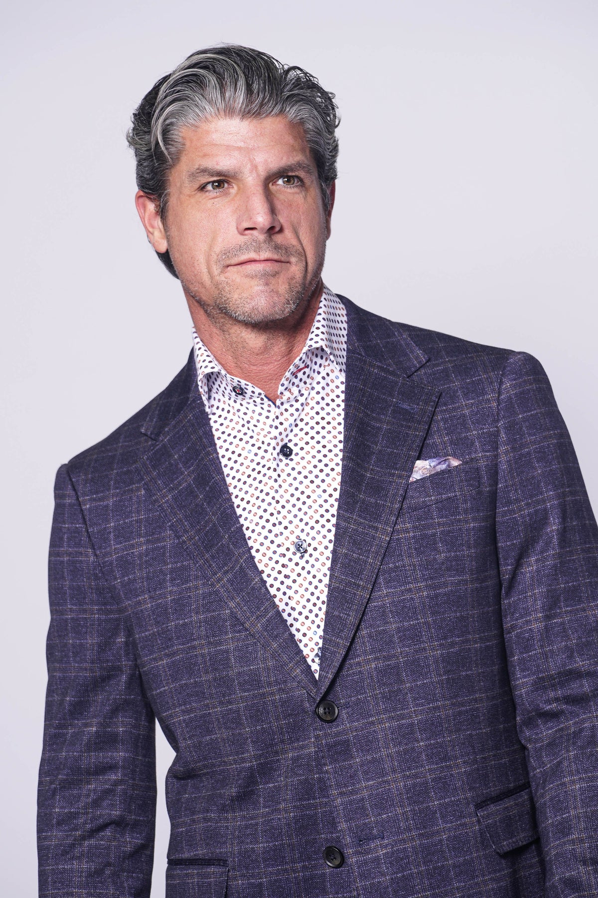 Cedarvale Sport Coat – Navy Printed Stretch Knit with Brown Check 7 Downie St.