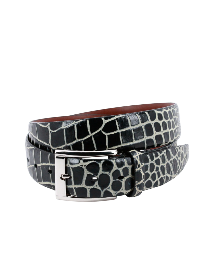 Faux Crocodile Embossed Calfskin Belt - Black / Beige Torino