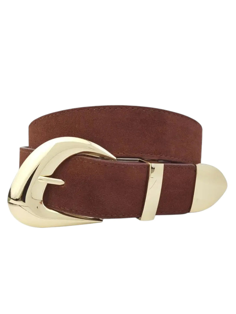 Genuine Suede Leather Belt - Brown w/ Gold Axesoria West