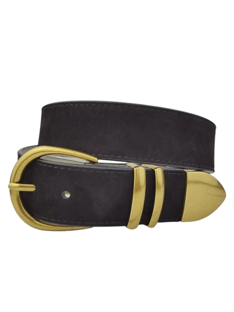 Genuine Suede Leather Belt - Black w/ Gold Axesoria West