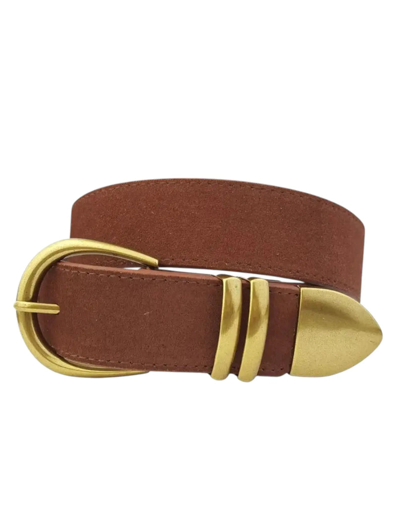 Genuine Suede Leather Belt - Brown w/ Gold Axesoria West