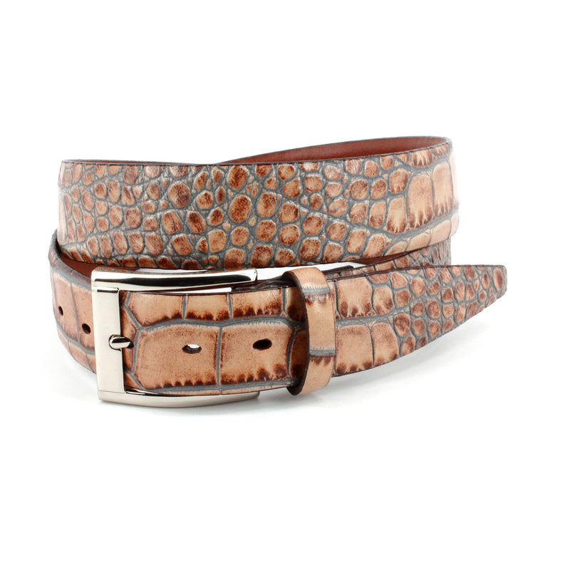 Embossed Calfskin Belt- Taupe/Blue