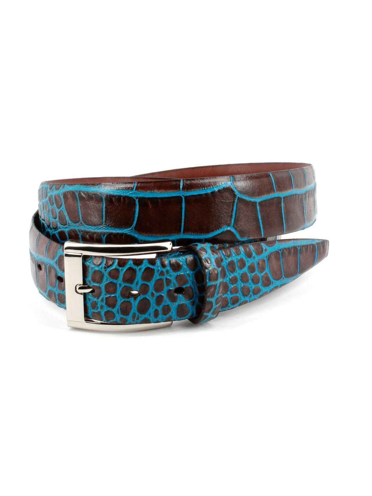 Faux Crocodile Embossed Belt - Brown / Blue