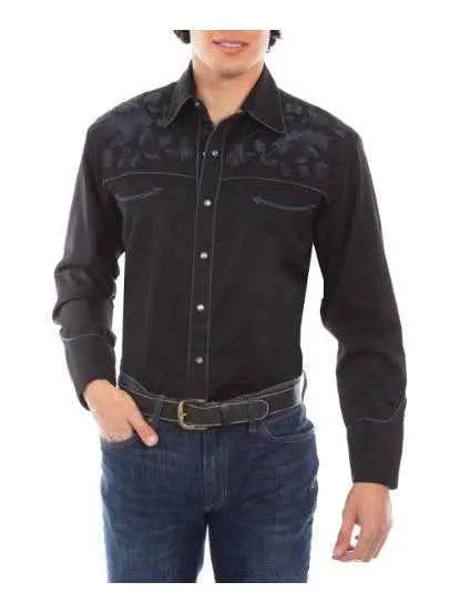 Rose Embroidered Rockabilly Shirt - Black