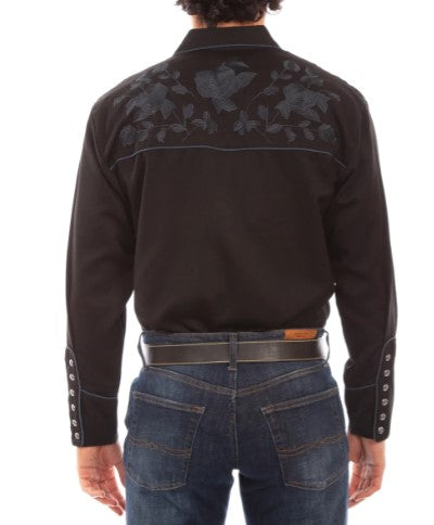 Rose Embroidered Rockabilly Shirt - Black