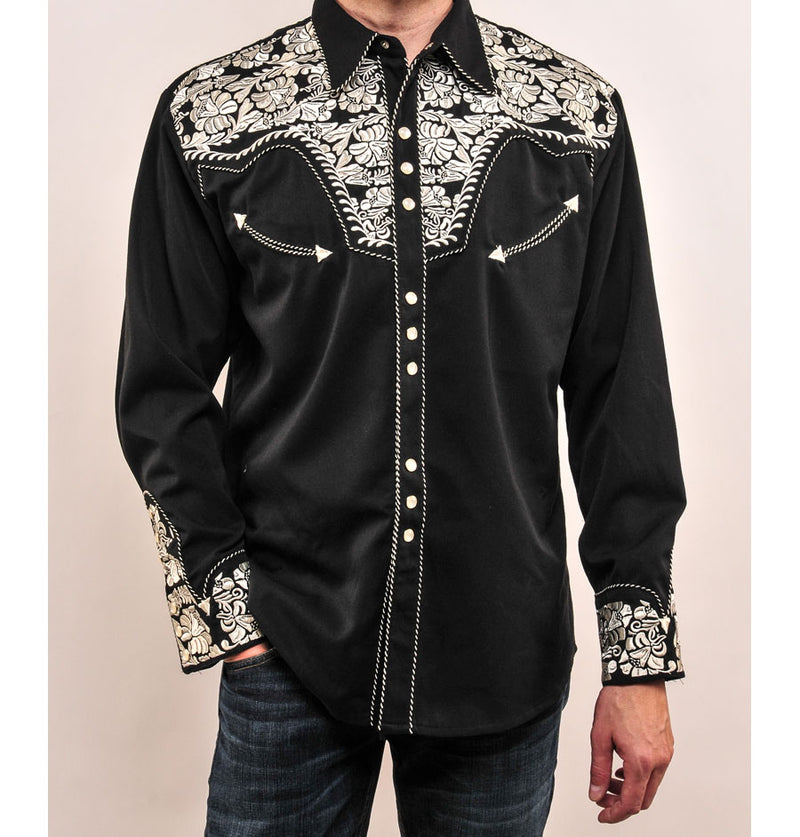 Floral Embroidered Rockabilly Shirt - Silver