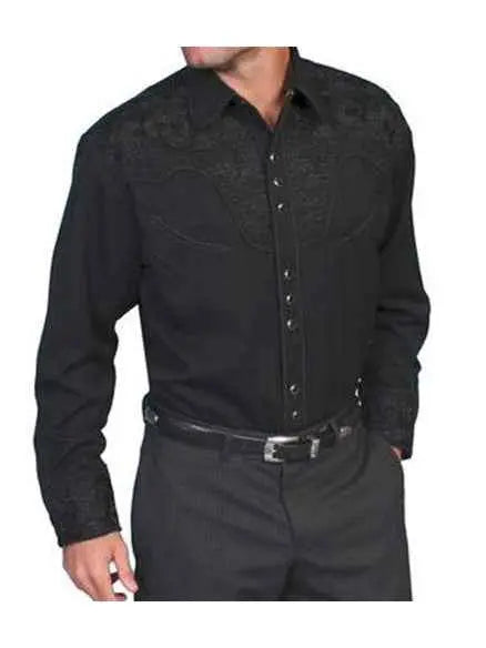 Floral Embroidered Rockabilly Shirt - Jet Black - Lansky Bros.
