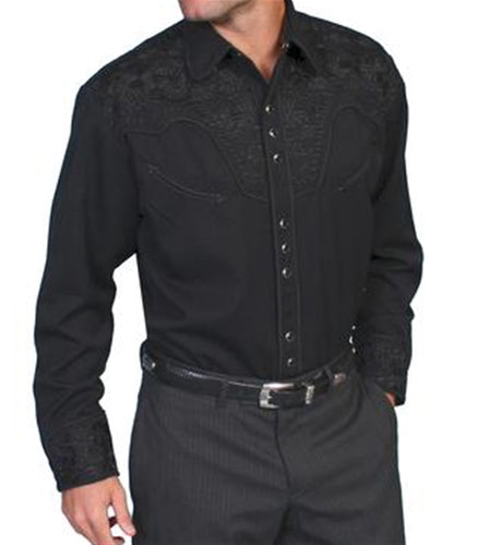 Floral Embroidered Rockabilly Shirt - Jet Black