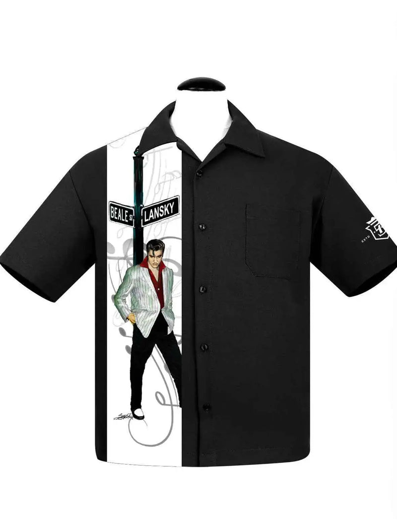 Elvis Presley Beale Street bowling shirt by Betty Harper displayed on a mannequin, showcasing the 75th Anniversary design.