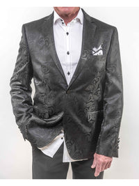 Close-up of Lansky Bros. Limited Edition Wedding Jacket with white saddle stitch shirt underneath, showcasing the black paisley design and Clothier to the King label.